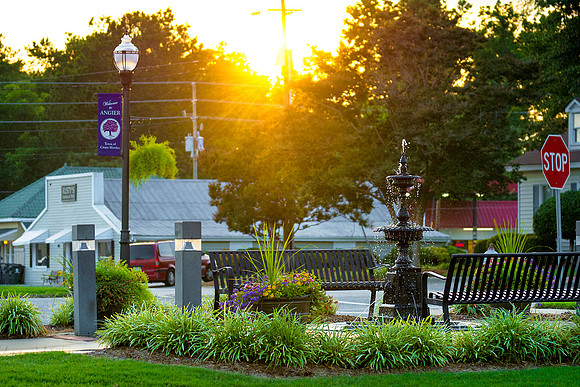 The fountain outside of Angier City Hall